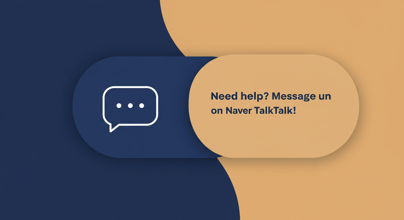 그린 톤 말풍선 배너와 채팅 아이콘, ‘Need help? Message us on Naver TalkTalk!’ 문구로 문의를 유도하는 섹션