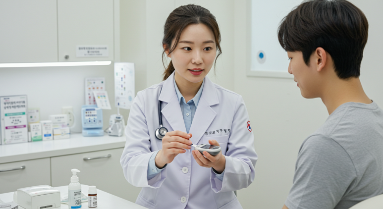 의료진이 혈당시험지 사용법을 안내하는 장면